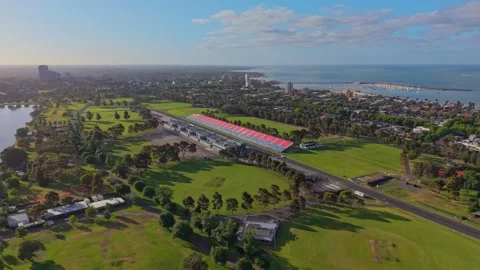 Drone Flying Toward Albert Park Formula 1 Race Track Grandstand 스톡 동영상 325683399