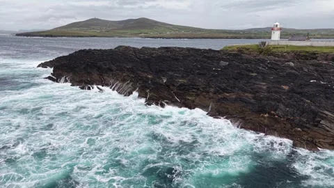 Drone flying toward Ballyglass Lighthouse, County Mayo, Ireland. Stock Footage 342736075