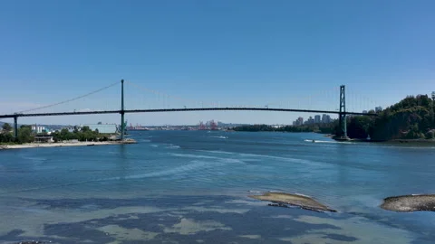 Drone Flying Toward Lions Gate Bridge Over Burrard Inlet, Vancouver British  Stock Footage 329819150