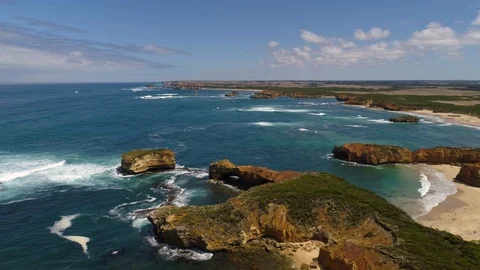 Drone flying towards Bay of Martyrs on the Great Ocean Road, Peterborough. Stock Footage 87835167