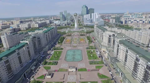 Drone flying towards the Bayterek monument in Astana Stock Footage 59557568