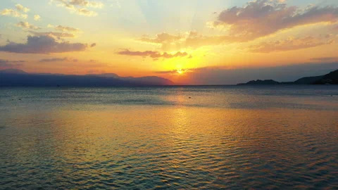 Drone flying towards beautiful sunset Loutraki Greece 4K Video stock 156864457