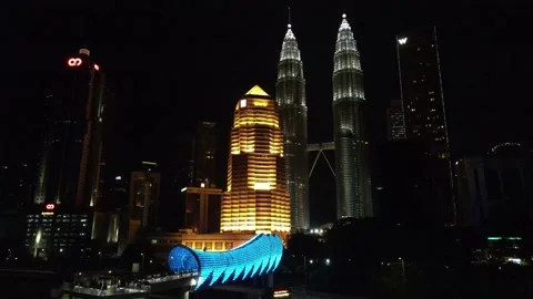 Drone flying towards the bridge and the twin tower (night view) Stock Footage 150290351