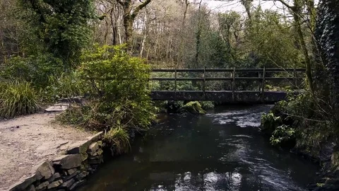 Drone flying towards Bridge over river water Stock Footage 73559654