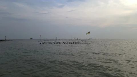 Drone flying towards flags above the sea. Video stock 150722297