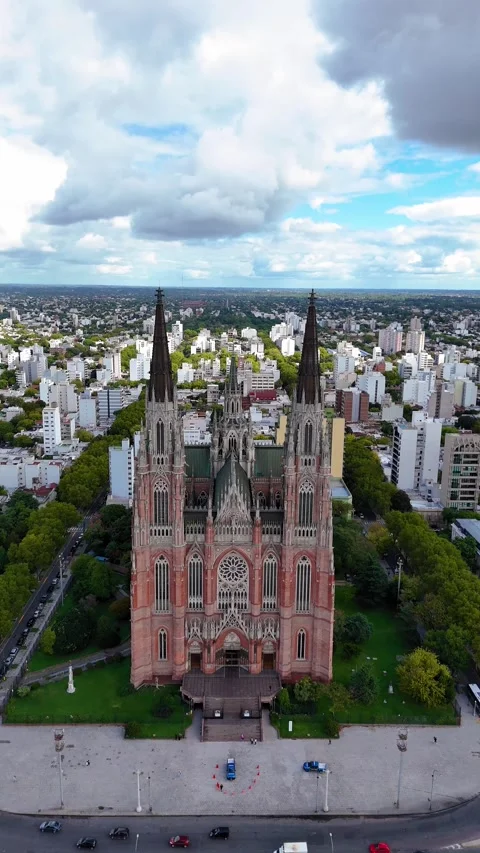 Drone flying towards la plata cathedral in argentina Stock-Footage 334488451