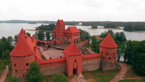 Drone flying towards medieval Trakai castle in Lithuania, Vilnius region Stock Footage 131707336