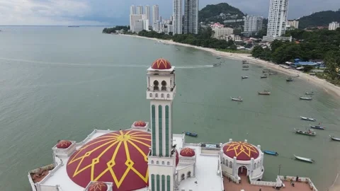 Drone flying towards Mosque in Tanjung Bungah Stock Footage 150197197