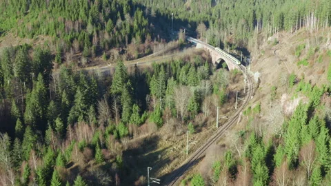 Drone flying towards passenger train crossing stone viaduct in forest valley Stock Footage 323866228