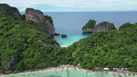 Drone Flying Towards Tropical Nui Beach on Koh Phi Phi, Thailand Stock Footage 334720862