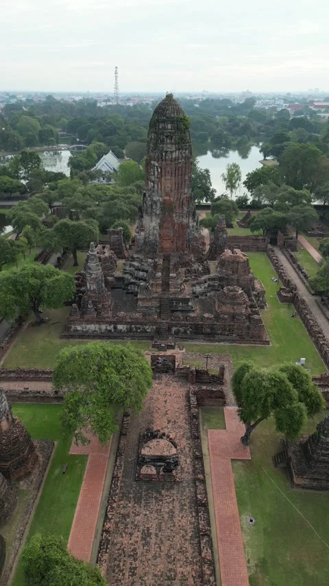 Drone Flying Towards Wat Phra Ram Ancient Temple in Ayutthaya, Thailand Stock Footage 335586956