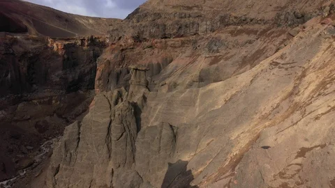 Drone Flying Trough A Deep Gorge. Canyon With Waterfall. Kamchatka Peninsula.   Stock Footage 128668433