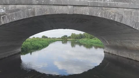 Drone Flying Under Old Stone Arch Bridge Over Calm River Stock Footages Stock Footage 342769483