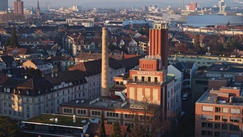 Drone Flying Warteck Basel, old beer brewery, Switzerland Stock Footage 109246702