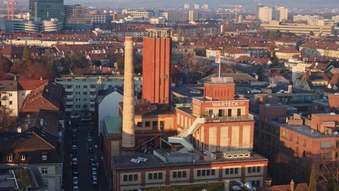 Drone Flying Warteck Basel, old beer brewery, Switzerland Stock Footage 109246769