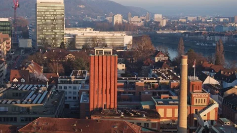 Drone Flying Warteck Basel, old beer brewery, Switzerland Stock Footage 109246835