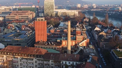 Drone Flying Warteck Basel, old beer brewery, Switzerland Stock Footage 109246883