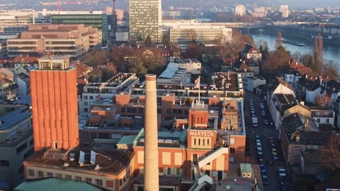 Drone Flying Warteck Basel, old beer brewery, Switzerland Stock Footage 109246933