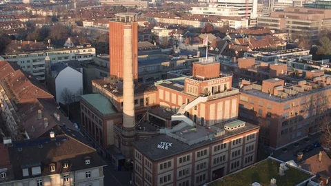 Drone Flying Warteck Basel, old beer brewery, Switzerland Stock Footage 109248033