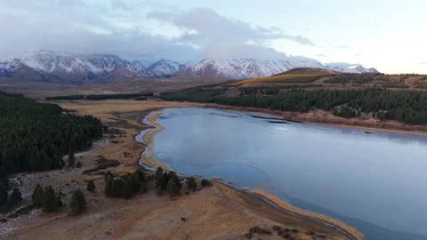 Drone flyover above Laguna La Zeta and Andes mountains near Esquel Patagonia Stock Footage 336658085
