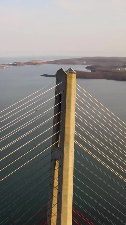 Drone Flyover Above the Summit of the Russky Bridge Pylon, Vladivostok, Russia, Stock Footage 340980153