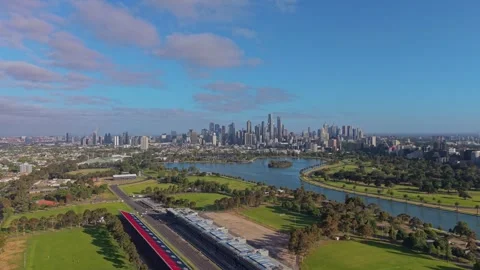 Drone Flyover of Albert Park Formula 1 Pit Building in Melbourne Vídeos de archivo 325683449