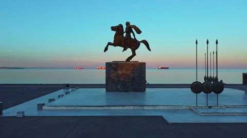 Drone flyover Alexander the great statue twilight Thessaloniki 4k Stock Footage 333484520