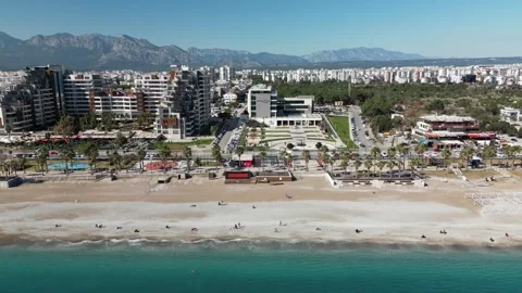 Drone Flyover Along Konyaaltı Beach, Antalya, Turkey, Mediterranean Coast Stock Footage 314372357