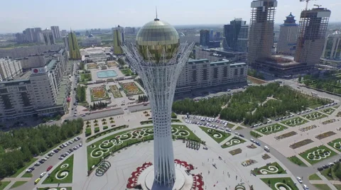 Drone flyover Baiterek monument and city square Stock Footage 59557880