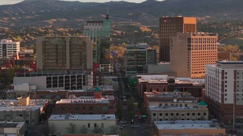 Drone flyover of a beautiful sunrise over downtown Boise, Idaho. Stock Footage 339503592