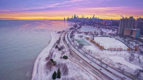 Drone flyover capturing the Chicago Loop skyline on a winter morning. Stock Footage 332131925