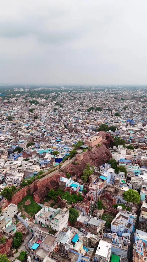 Drone flyover capturing the unique architecture of Jodhpur’s Blue City Stock Footage 310660006