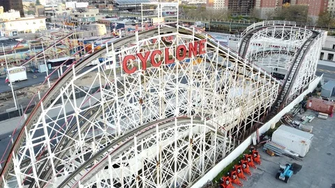 Drone flyover Cyclone Roller Coaster Coney Island NYC Видео 129759811