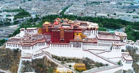 Drone flyover with full top and front view of Potala Palace in Lhasa Tibet Stock Footage 93055032