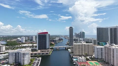 Drone Flyover of Hallandale High-Rises Intracoastal Bridge Florida July 9, 2025 Stock Footage 312764726
