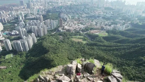 Drone flyover of iconic Lion Rock Stock Footage 162205258