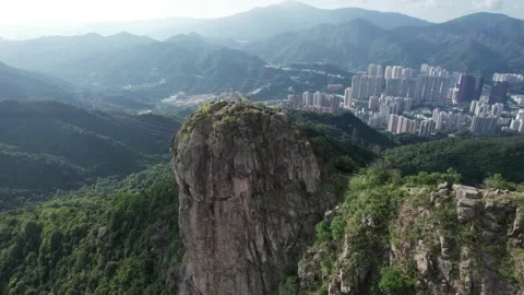 Drone flyover of iconic Lion Rock Stock Footage 162205262