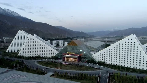 Drone flyover of Intercontinental Lhasa Paradise Hotel in Tibet Stock Footage 93204026