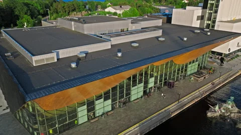 Drone flyover of Kilden Performing Arts Centre roof Kristiansand. Stock Footage 328128753