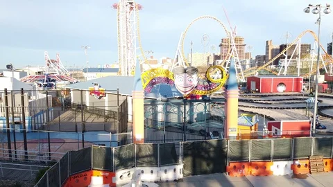 Drone Flyover Luna Park Gate Coney Island Face Stock Footage 129768032