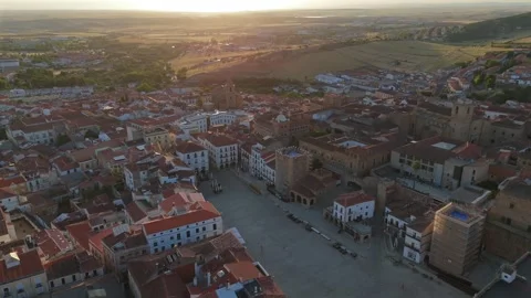 Drone flyover of the main square of Caceres and historic architecture Spain Stock-Footage 342320837