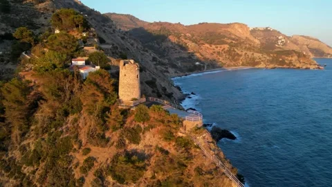 Drone Flyover: Maro Tower and Malaga's Coastline 4k Stock Footage 283213161