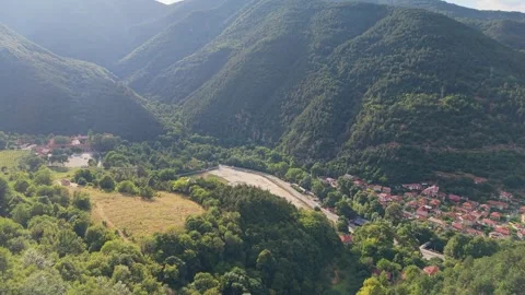 Drone Flyover of Mountain Valley Forest and River Near Bachkovo Bulgaria 스톡 동영상 344763203