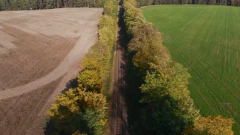 Drone flyover over train tracks with trees and fields in green and brown Stock Footage 135528426