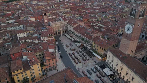 Drone Flyover of Piazza delle Erbe at Sunrise, Verona, Italy Stock Footage 308458620