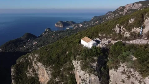 Drone Flyover of Remote Mountain Chapel Above the Ionian Sea, Corfu Stock Footage 337732341