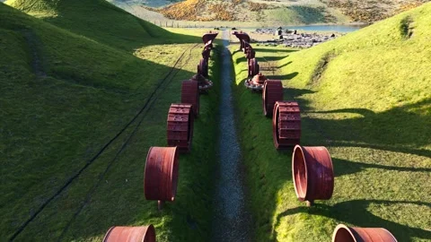 Drone Flyover of Stone Circle and Rusting Machinery Pathway at St. Ninian's Stock Footage 273257556