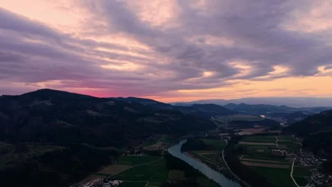 Drone flyover wide river valley at sunset Stock-Footage 331867816
