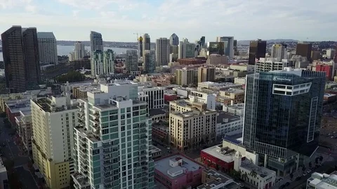 Drone flys over city skyline Stock Footage