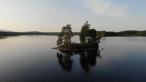 Drone Flys Through Trees On Island in the Middle of a Lake Video stock 308674439